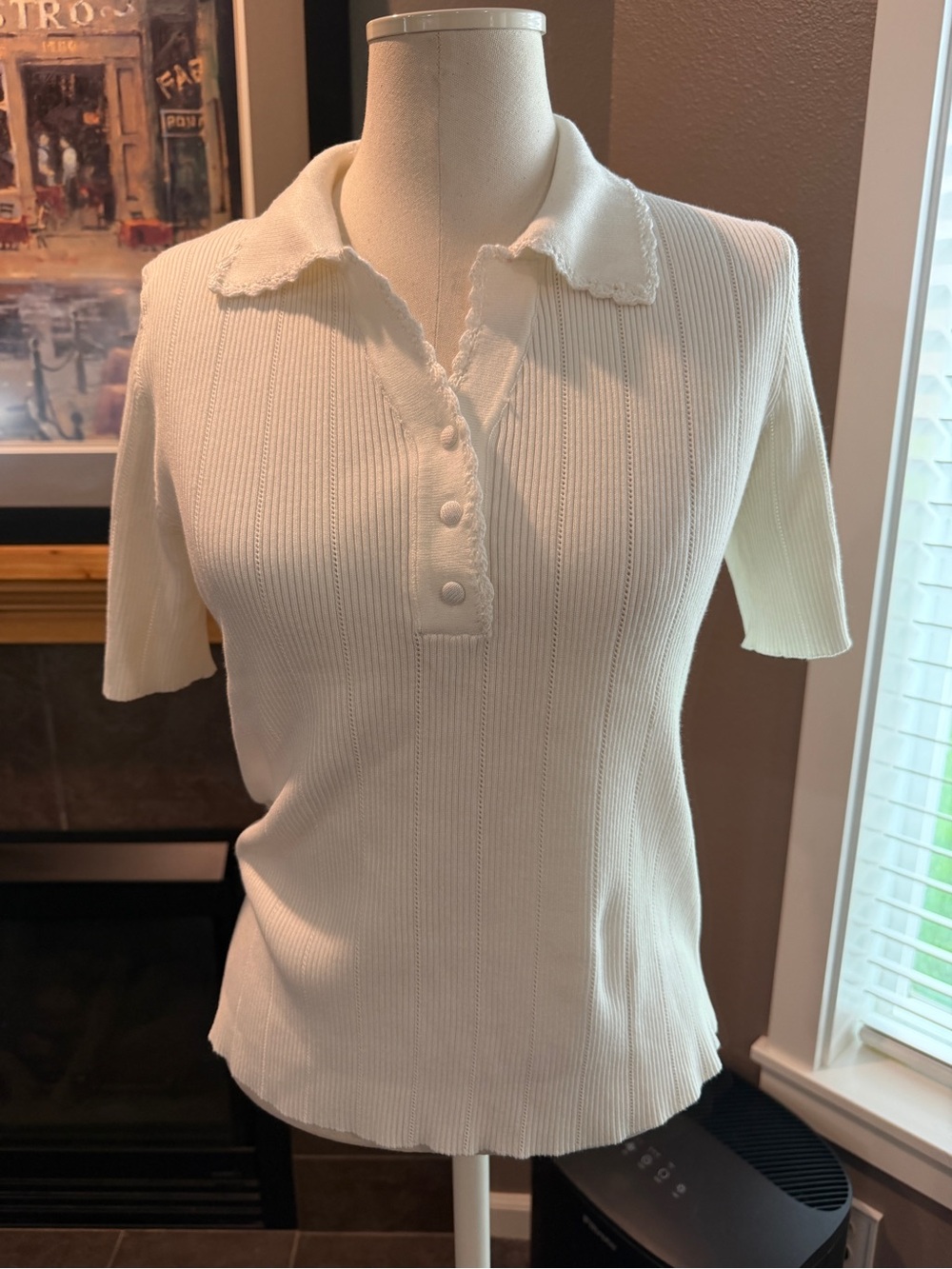 Adrianna Papell NWT Cream Ribbed Short-Sleeve Polo Sweater